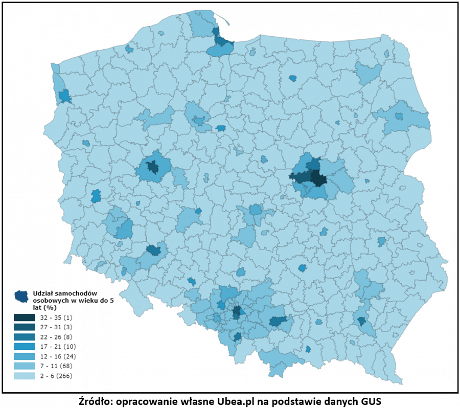 Udział nowych aut w Polsce - mapa Ubea