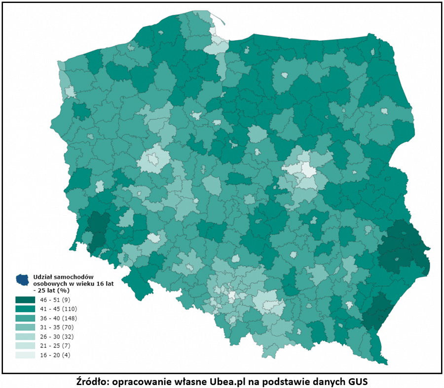 Udział starszych samochodów w Polsce - mapa Ubea